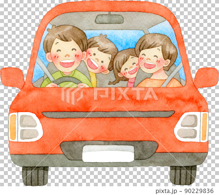 Illustration of a smiling family riding a car Illustration of a smiling family riding a car 90229836