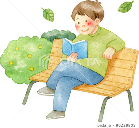ベンチに座ってのんびり読書をする男性のイラストのイラスト素材