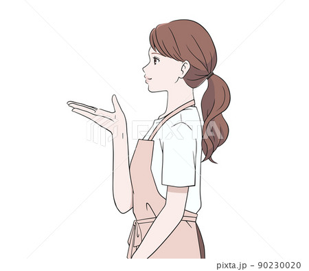 案内をする横を向いたエプロン姿の女性 90230020
