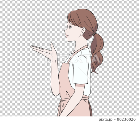案内をする横を向いたエプロン姿の女性 90230020