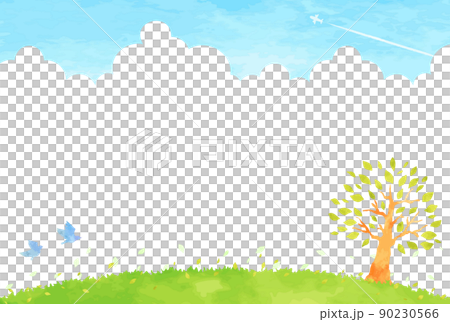 Cute hand-painted tree and blue sky landscape illustration 90230566