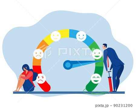 woman on the mood scale,Emotion overload, burnout and fatigue from work. Stress level meter gauge emotion stages.concept vector illustrator 90231200