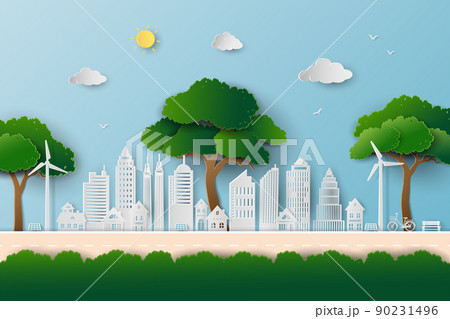 Eco friendly and save the environment conservation concept,landscape with clean city and big trees on paper art style 90231496