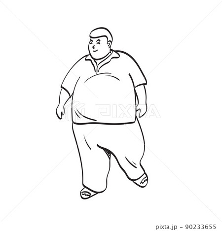 full length of smiling fat man walking in front view illustration vector hand drawn isolated on white background line art. 90233655