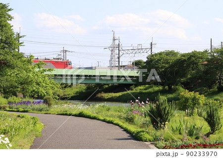 日本の埼玉県蓮田市付近を流れる元荒川に架かる鉄橋を走行するEH500形電気機関車 90233970