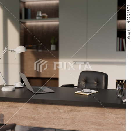 Modern CEO private office interior design with laptop, table lamp and accessories on tabletop Modern CEO private office interior design with laptop, table lamp and accessories on tabletop 90234374