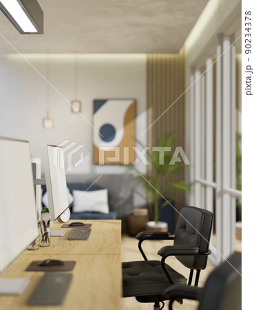 Modern office room interior design with pc computer, office armchairs 90234378