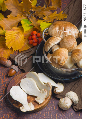 Mushroom Boletus edulis over Wooden Background, close up on wood rustic table. Cooking delicious organic mushroom. Gourmet food Mushroom Boletus edulis over Wooden Background, close up on wood rustic table. Cooking delicious organic mushroom. Gourmet food 90234877