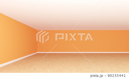 Orange Unfurnished Room, Frontal Corner View. Interior Concept with Light Orange Walls, White Ceiling, Wooden Parquet Flooring and a White Plinth. 3d illustration, 8K Ultra HD, 7680x4320, 300 dpi 90235441