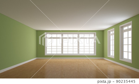 Unfurnished Room with Green Walls, Parquet Floor, White Plinth, Large Full Wall Window on the Center and Two Windows on the Right. 3D render with a Work Path on the Windows. 8K Ultra HD 7680x4320 90235445