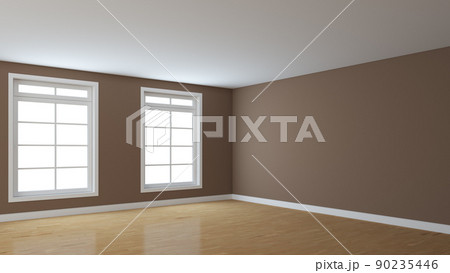 Interior Room Corner with Brown Walls, Two Large Windows, Light Glossy Parquet Floor and a White Plinth. Perspective View. 3d rendering with a Work Path on the Windows. 8K Ultra HD, 7680x4320, 300 dpi Interior Room Corner with Brown Walls, Two Large Windows, Light Glossy Parquet Floor and a White Plinth. Perspective View. 3d rendering with a Work Path on the Windows. 8K Ultra HD, 7680x4320, 300 dpi 90235446