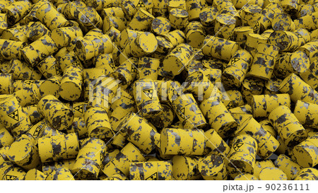 Radioactive Waste Dump from Yellow Metal Barrels with Caution Sign. Nature Pollution Thematic Wallpaper. 3d Illustration. Radioactive Waste Dump from Yellow Metal Barrels with Caution Sign. Nature Pollution Thematic Wallpaper. 3d Illustration. 90236111