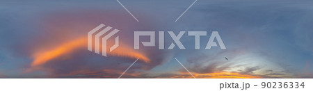 Panorama of a dark blue sunset sky with pink Cumulus clouds. Seamless hdr 360 panorama in spherical equiangular format. Full zenith for 3D visualization, sky replacement for aerial drone panoramas. Panorama of a dark blue sunset sky with pink Cumulus clouds. Seamless hdr 360 panorama in spherical equiangular format. Full zenith for 3D visualization, sky replacement for aerial drone panoramas. 90236334