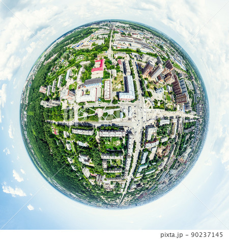 Aerial city view with crossroads and roads, houses, buildings, parks and parking lots. Sunny summer panoramic image 90237145