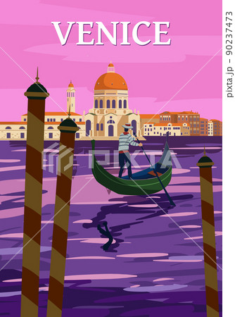 Venice Italia Poster retro style. Grand Canal, gondolier, architecture, vintage card. Vector illustration postcard 90237473