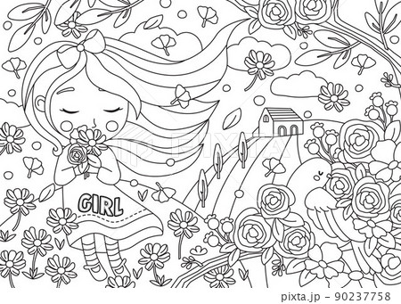 hand drawn illustration coloring page for kids. girl with flower. coloring page editable line stroke. 90237758