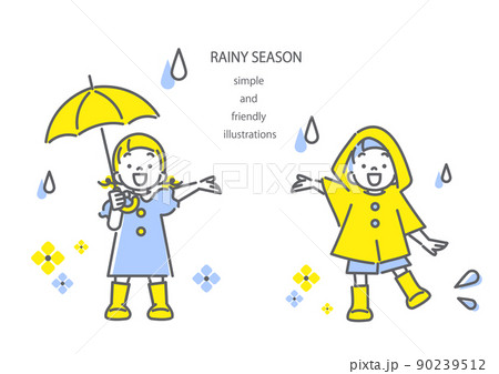 雨の日を楽しむ子供たち 女の子 男の子 シンプルでかわいい線画イラストのイラスト素材