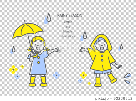 雨の日を楽しむ子供たち　女の子　男の子　シンプルでかわいい線画イラスト 90239512