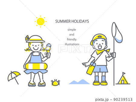 夏休みを楽しむ子供たち 女の子 男の子 シンプルでかわいい線画イラストのイラスト素材