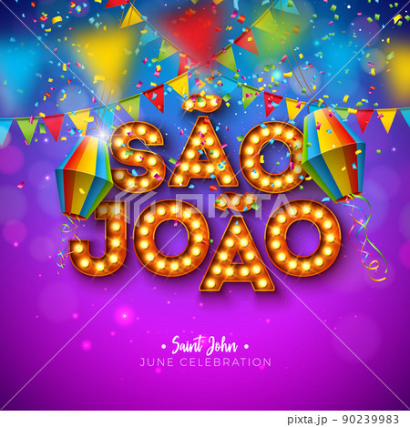 Festa Junina Illustration with Party Flags, Paper Lantern and Light Bulb Billboard Sao Joao Lettering on Violet Background. Vector Brazil June Festival Design for Greeting Card, Banner or Poster. Festa Junina Illustration with Party Flags, Paper Lantern and Light Bulb Billboard Sao Joao Lettering on Violet Background. Vector Brazil June Festival Design for Greeting Card, Banner or Poster. 90239983