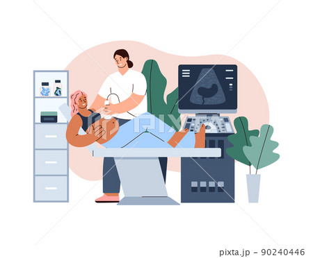 Pregnant happy woman on ultrasound screening, flat vector illustration on white background. 90240446