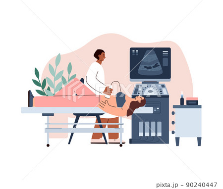 Doctor examines stomach and abdominal of woman patient, flat vector illustration on white background. 90240447