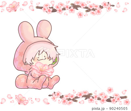 桜色のうさぎ 桜と桜の枝フレーム コピースペース お座りver 桜色のうさぎ 桜と桜の枝フレーム コピースペース お座りver 90240505