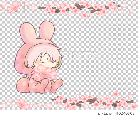 桜色のうさぎ 桜と桜の枝フレーム コピースペース お座りver 桜色のうさぎ 桜と桜の枝フレーム コピースペース お座りver 90240505