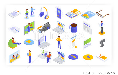 Broadcast and print journalism, vector isometric icon set. Radio and television broadcasting. Press media. Polygraphy. 90240745
