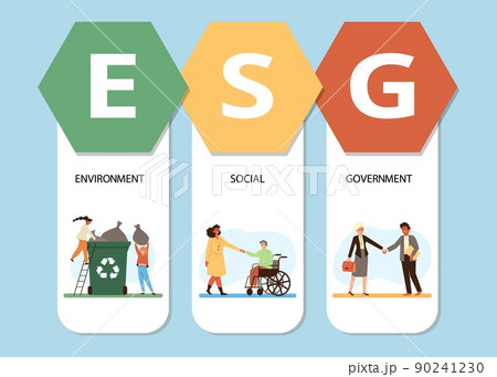 ESG infographic with people care about environment and minorities, flat vector illustration. 90241230