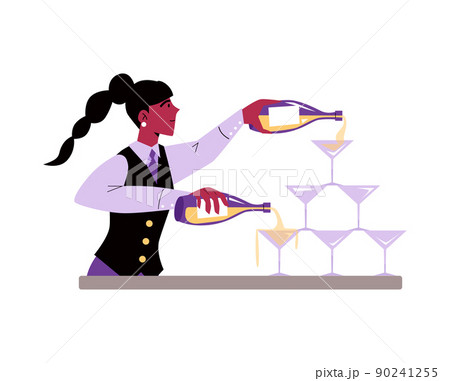 Bartender pouring wine in pyramid of glasses, flat vector illustration isolated. Bartender pouring wine in pyramid of glasses, flat vector illustration isolated. 90241255