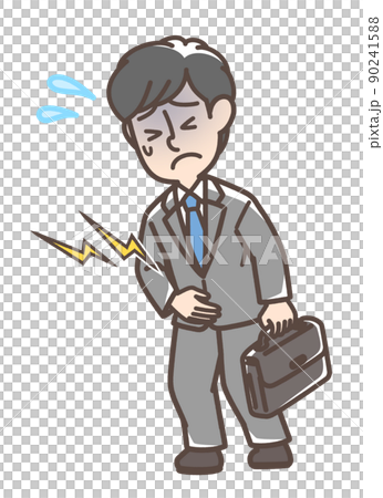 A man in a suit that seems to hurt his stomach A man in a suit that seems to hurt his stomach 90241588