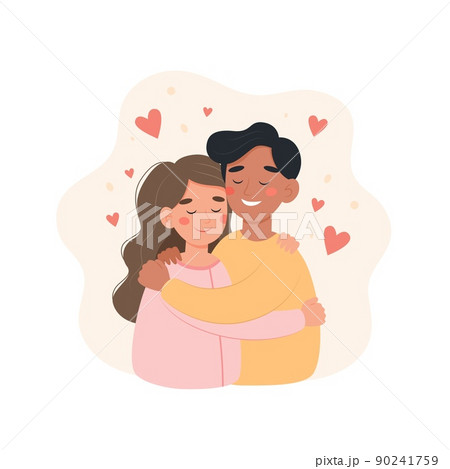 Happy international couple concept. Man and woman of different nationalities hugging each other. Cute vector illustration in flat cartoon style 90241759