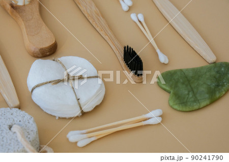 Natural skin care products on neutral beige background, flat lay. Concept of organic, zero waste, eco friendly cosmetics Spa Background Sustainable lifestyle 90241790