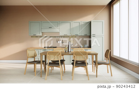 interior of modern japandi kitchen and dining room, comtemporary apartment ideas, 3d rendering 90243412