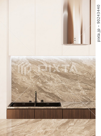 modern japandi style kitchen interior design with marble table. modern apartment ideas. 3D rendering vertical background modern japandi style kitchen interior design with marble table. modern apartment ideas. 3D rendering vertical background 90243440
