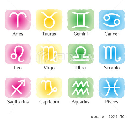 黄道12星座の水彩風のアイコン、英語 黄道12星座の水彩風のアイコン、英語 90244504