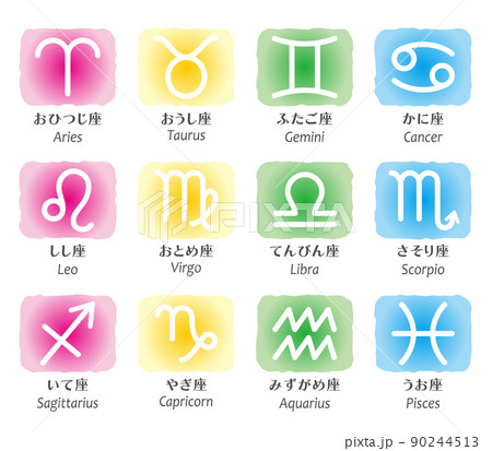 黄道12星座の水彩風のアイコン、日本語と英語 黄道12星座の水彩風のアイコン、日本語と英語 90244513