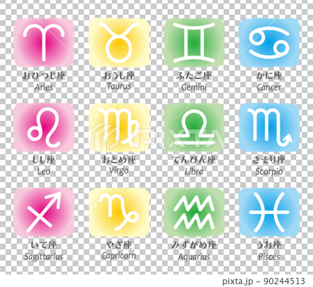 黄道12星座の水彩風のアイコン、日本語と英語 黄道12星座の水彩風のアイコン、日本語と英語 90244513