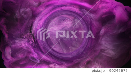 Ink water splash. Vapor cloud motion round portal. Logo reveal effect. Purple white color dye flow on dark black abstract art background shot on Red Cinema camera 6k. 90245675