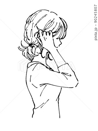 髪を耳にかける女性 お洒落な人物線画 横顔のイラスト素材
