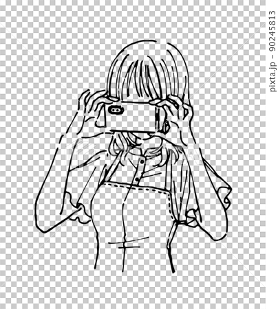用智能手機拍照的年輕女人時尚人物線條畫 90245813