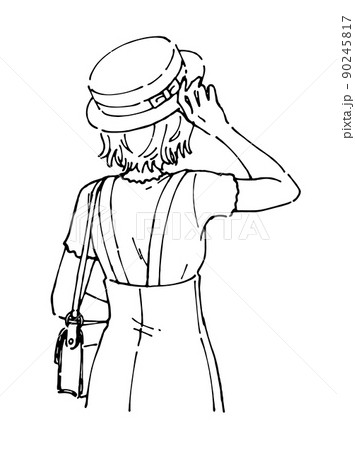 帽子をかぶった半袖の女性 お洒落な人物線画 後ろ姿のイラスト素材