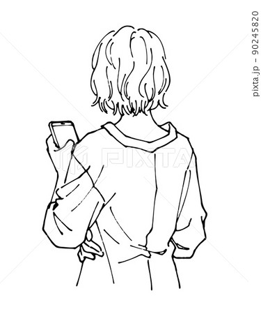 スマートフォンをいじる若い女性 お洒落な人物線画 後ろ姿のイラスト