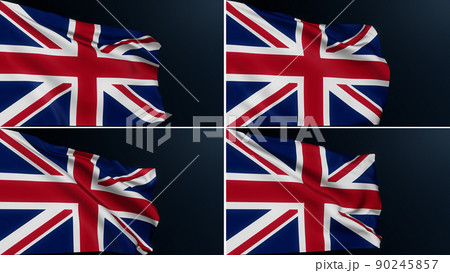 UK flag. United Kingdom. Union Jack. London sign. Collection of English official symbol of celebration of British National Day, 12 June. Realistic 3D illustration with cotton texture set of 4. 90245857