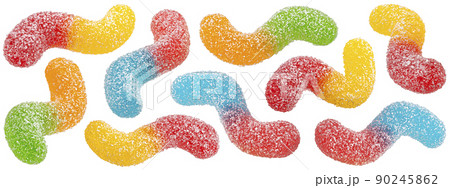 Sour gummy worms isolated on white background, full depth of field Sour gummy worms isolated on white background, full depth of field 90245862