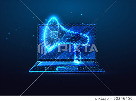Futuristic digital advertising, broadcasting concept with glowing low polygonal megaphone and laptop Futuristic digital advertising, broadcasting concept with glowing low polygonal megaphone and laptop 90246450