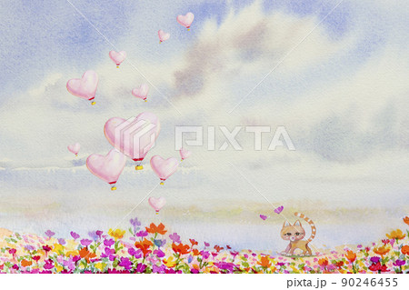 Watercolor painting colorful pink heart hot air balloon with cat Watercolor painting colorful pink heart hot air balloon with cat 90246455