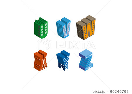 楽しい街並みと暮らしの風景。人々が明るく暮らせる建物と街づくり。アルファベットの可愛いビル達。 90246792