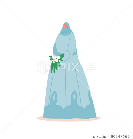 Happy Muslim Bride Female Character in Blue Dress and Hijab Holding Bouquet in Hands during Wedding Ceremony. Arab Girl 90247569